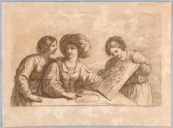 Trois femmes avec une palette et esquisse d