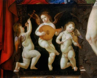 Trois anges musiciens. Détail du retable de la Madone en trône avec les saints Jérôme et Sébastien, par Francesco Bianchi Ferrari, église de San Pietro, Modène
