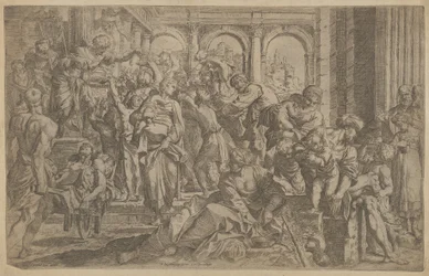 Saint Roch distribuant des aumônes à un groupe de personnes autour de lui, après A..., vers 1607