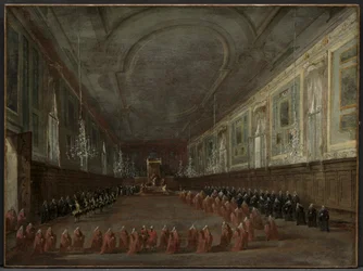 Le pape Pie VI descendant du trône pour prendre congé du doge dans la salle..., vers 1783