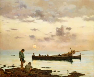 Marina avec bateau de pêche et garçons, par Francesco Lojacono