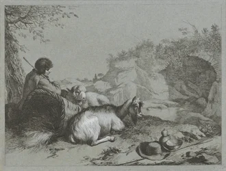 Berger avec mouton et chèvre