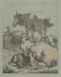Cheval, bélier, chèvre avec chevreau; au loin un berger avec troupeau