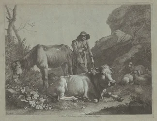 Berger se reposant sur un bâton de marche avec un vieux cheval et un taureau allongé, après 1767