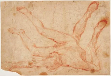 Un homme nu allongé sur le dos avec les jambes relevées, et une étude pour une paire de jambes relevées vues de derrière