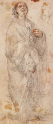 Femme lourdement drapée, debout, regardant vers le haut, et une esquisse de sa tête