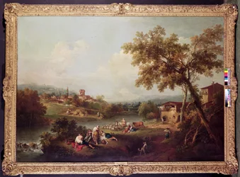 Un vaste paysage fluvial avec un village
