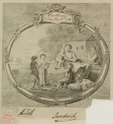 Scène de ferme, avec des enfants chantant et jouant des instruments de musique