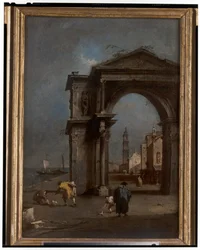Caprice avec une arche triomphale et un arrière-plan urbain
