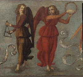 Anges jouant du tambourin et du triangle, vers 1475-97 (détail)