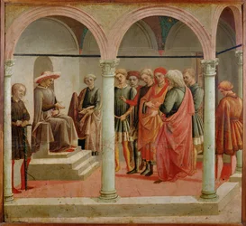 Scène de tribunal (tempera sur bois)