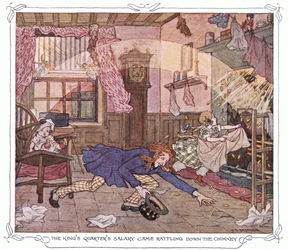 Le salaire du roi est descendu par la cheminée, extrait de The Magic Fishbone publié par Warne  Co, vers 1940 (lithographie en couleur).