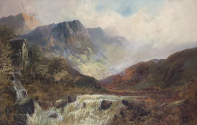 Montagnes, moulin et cascade (huile sur toile)