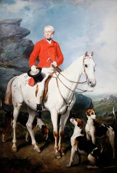 Portrait de Charles Trelawny, Esq., maître de la chasse de Dartmoor, sur son chasseur préféré Grimaldi, avec les chiens Conqueror, Lounger et Windermere