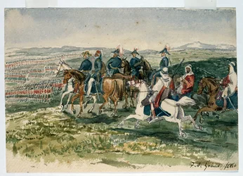 Les Gardes et les Highlanders reçus par Omar Pacha et le maréchal St Arnaud commandés par le duc de Cambridge à Aladyn, 6 juillet 1854