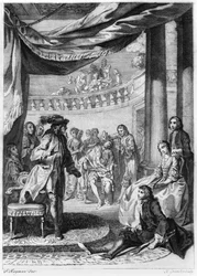 La scène de théâtre, tirée de «Hamlet» de William Shakespeare (1564-1616), gravée par Hubert Gravelot (1699-1773)