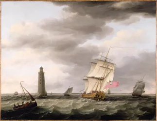 Un navire de guerre passant le phare d