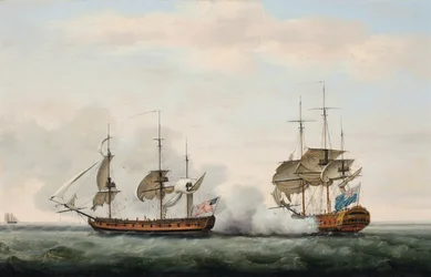 Le navire de la Compagnie des Indes orientales Bridgewater défendant avec succès sa cargaison contre une attaque du corsaire américain Hampden en route de Sainte-Hélène vers l