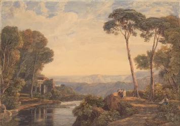 Paysage avec un temple et des figures près d