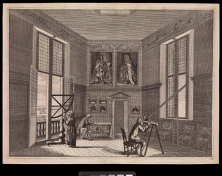 Trois figures utilisant des équipements astronomiques dans la Grande Salle des Étoiles ou la Salle Octogonale, comme on l