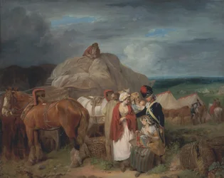 Soldat avec des paysannes vendant des rubans, près d