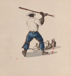 Un homme vu de dos battant un chien avec un bâton, d