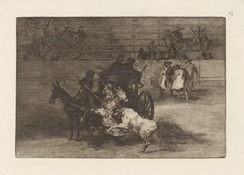 Combat dans une voiture attelée de deux mulets (Planche G de La tauromachie, troisième édition)