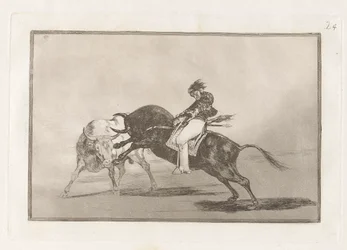El mismo Ceballos montado sobre otro toro quiebra rejones en la plaza de Madrid, Planche 24 de La tauromaquia