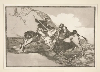 Modo con que los antiguos españoles cazaban los toros a caballo en el campo (La manière dont les anciens Espagnols chassaient les taureaux à cheval en plein champ), pl. 1 de la série La tauromaquia