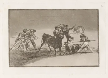 Les Maures utilisent des ânes comme barrière pour se défendre contre le taureau aux cornes emboulées, Planche 17 de La tauromachie