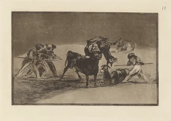 Les Maures utilisent des ânes comme barrière pour se défendre contre le taureau aux cornes emboulées, Planche 17 de La tauromachie