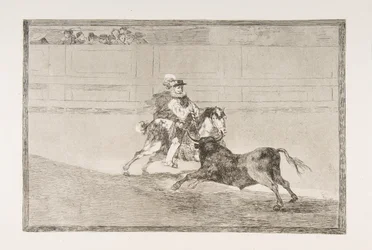 Planche 13 de la Tauromaquia : Un chevalier espagnol monté dans l