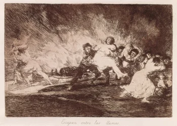 Ils fuient à travers les flammes. 1810-1812. (16,1 x 23,3 cm). Planche 47 des «Désastres de la guerre». Espagne. Madrid (Communauté autonome). Madrid. Bibliothèque nationale