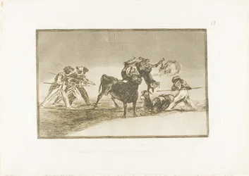 Les Maures utilisent des ânes comme barrière pour se défendre contre le taureau dont les cornes ont été munies de boules, planche 17 de L