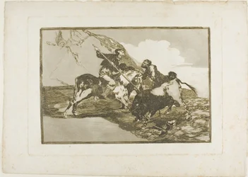 La manière dont les anciens Espagnols chassaient les taureaux à cheval en pleine campagne, planche une de L