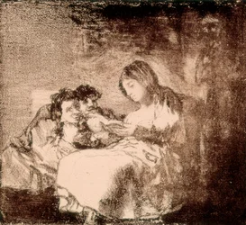 Une femme lit une histoire à deux enfants. Lithographie de Francisco de Goya y Lucientes (1746-1828).