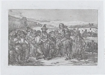 Groupe important de personnes en plein air, peut-être une troupe d
