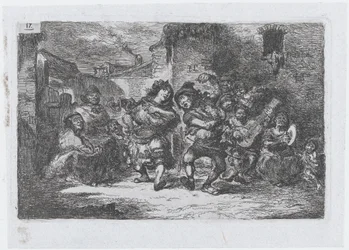 Planche 17 : musiciens de rue et figures dansantes, de la série des coutumes et passe-temps de..., 1850