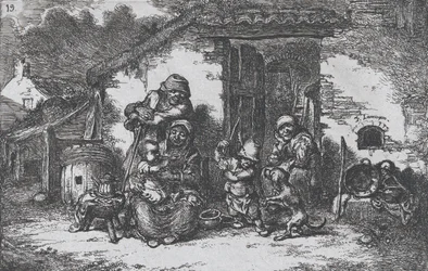 Planche 19 : une famille et un garçon jouant avec un chien devant une maison, de la série des coutumes, 1850