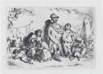 Planche 2 : un groupe de personnes dans la rue, peut-être des mendiants, de la série des coutumes