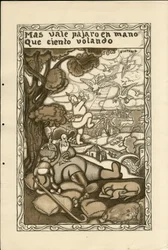 Illustration de Francisco Sancha Lengo (1874-1936) - Feuille volante, ca. 1915 - Mas vale pájaro en mano que ciento volando - Guerre de 14-18, Allemagne Prusse, Belligérants et symboles, Victoire, Paix, Langue espagnole, Presse étrangère
