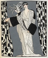 Blanc et noir. Une femme portant un costume conçu en 1855 par John Redfern, illustration de 