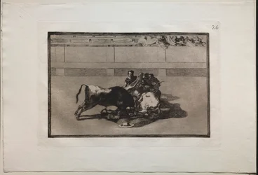 Corridas : Un picador est désarçonné et tombe sous le taureau, 1876