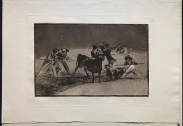 Corridas : les Maures utilisent des ânes comme barrière pour se défendre contre le taureau..., 1876.
