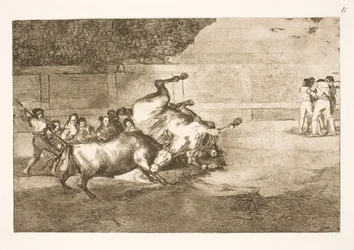 Cheval jeté à terre par un taureau