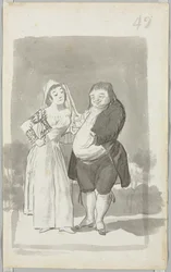 Prostituée sollicitant un homme gros et laid, recto, jeune femme se tordant les mains, verso, 1796-97