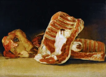 Nature morte de côtes et tête de mouton Le comptoir du boucher