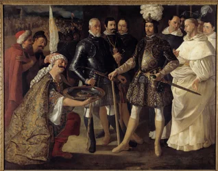 Reconquista : « La reddition de Séville à Ferdinand III, roi de Castille et de León ». Les Maures remirent les clés de la ville au roi de Castille le 22/12/1248. Peinture de Francisco de Zurbarán (1598-1664), 1634. 157,5 x 208,2 cm. Collection particulière