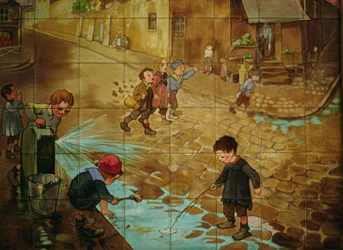 Carreaux représentant des enfants jouant dans la rue