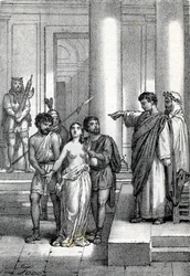 Agnès de Rome conduite nue dans les rues vers un bordel, dessin tiré de « Misteri del Vaticano » de Franco Mistrali
